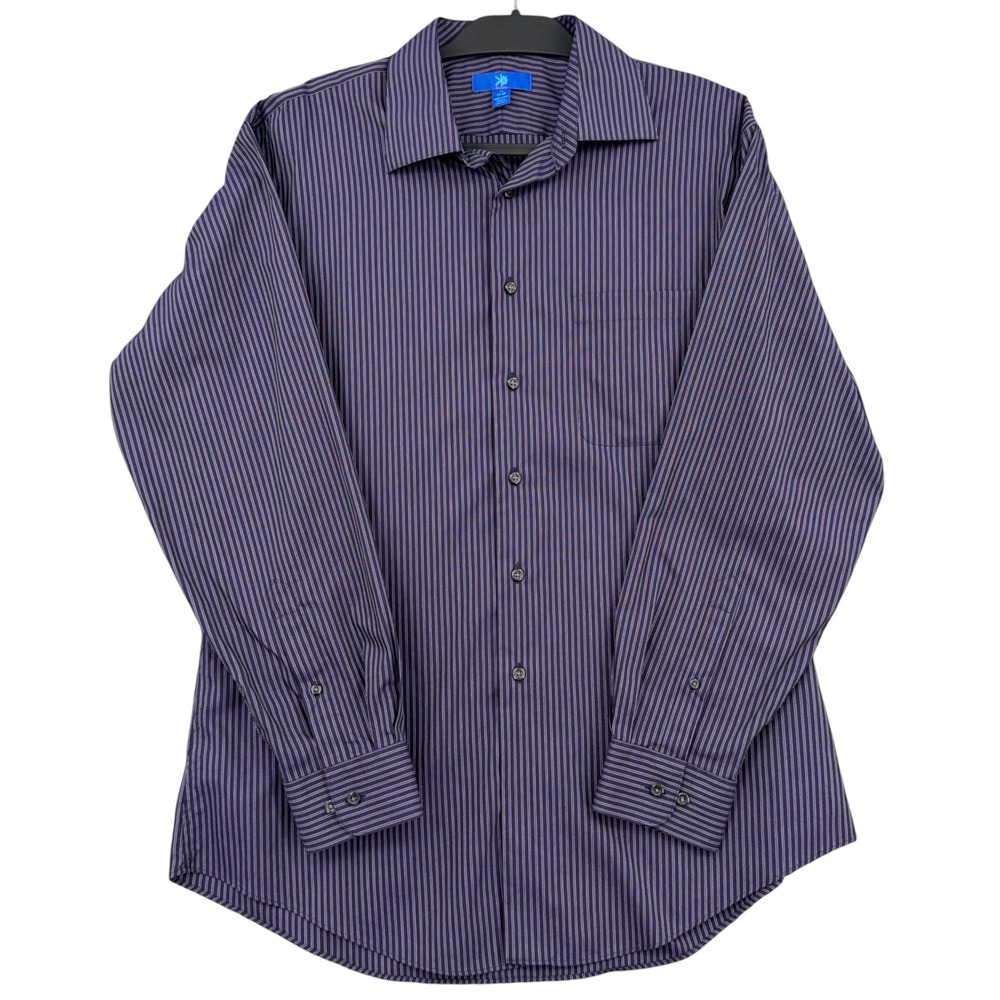 Egara Button Front Dress Shirt Mens 17 34-35 100% Cotton Purple Striped